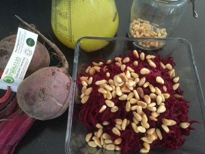 Picture of beetroot salad with pine-nuts and dressing